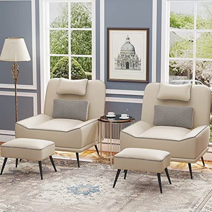 Faux Leather Accent Chair with Ottoman, Modern Upholstered Large Sofa Chair for Living Room Bedroom Lounge Chair Armless Accent Chair and Ottoman Set Beige - color: Beige