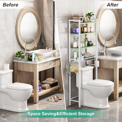 Kalrin Over-The-Toilet Storage Rack, 4-Tier Bathroom Organizer Shelf Over Toilet with Adjustable Shelf and Basket, Freestanding Space Saver Bathroom Shelves Above Toilet for Room (Avocado Green) - color: Whit- Green
