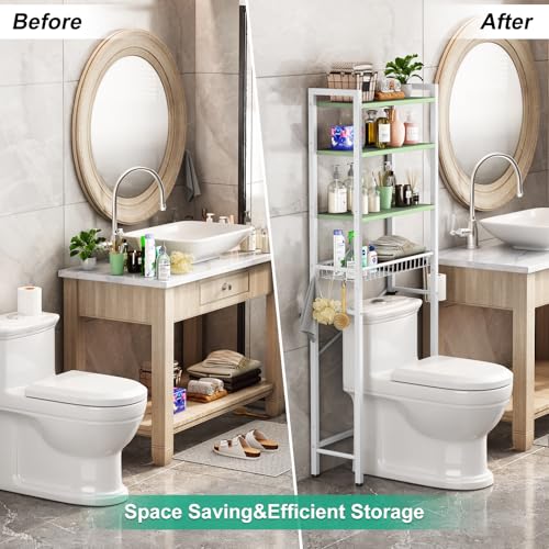 Kalrin Over-The-Toilet Storage Rack, 4-Tier Bathroom Organizer Shelf Over Toilet with Adjustable Shelf and Basket, Freestanding Space Saver Bathroom Shelves Above Toilet for Room (Avocado Green) - color: Whit- Green