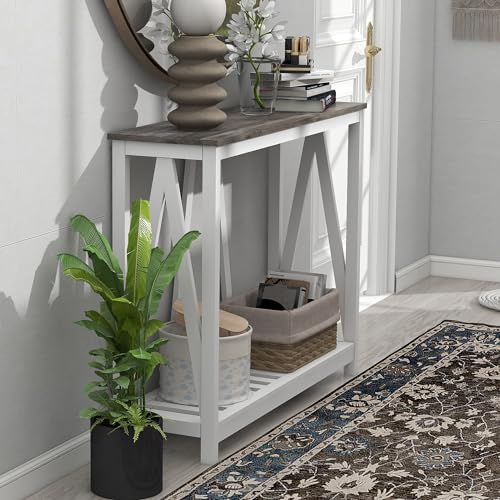Entryway Table, 39" Farmhouse Console Table with Shelf Narrow Foyer Table | | 2-Tier Open Shelf,V-Shape Anti-Tip Legs,Slim Narrow Design,Sofa Table Use,Two-Tone Finish,30-Min Easy Assembly,Oak Grey - color: Oak Grey