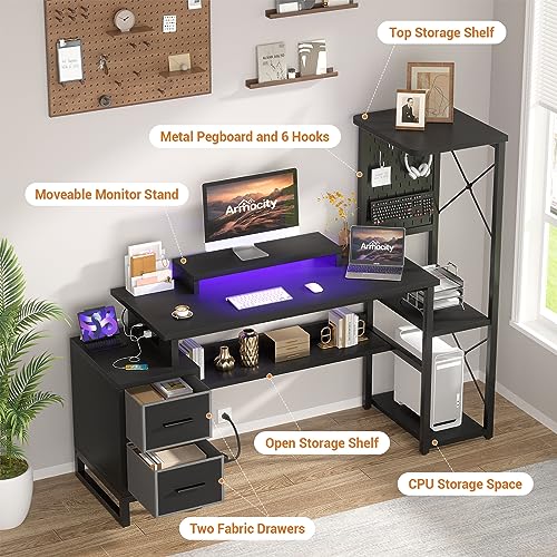 Computer Desk with 2 Fabric Drawers - Reversible Home Office Desk with Power Outlet & LED Lights, 53" Writing Desk with Monitor Stand & Storage Shelves, Gaming Desk Study Table with Pegboard, Black - color: Black