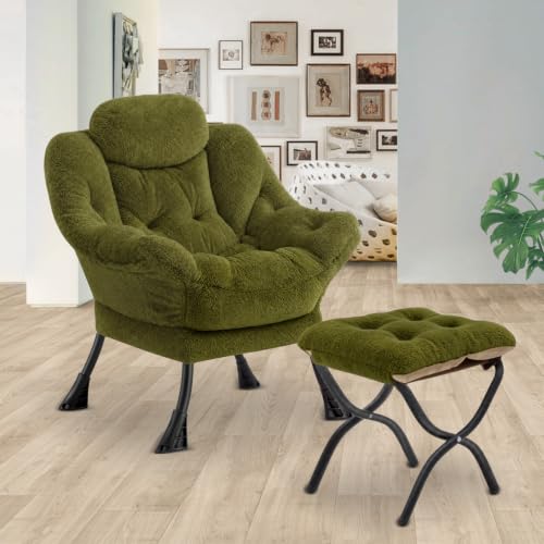 Lazy Chair with Folding Ottoman,Leisure Sofa Chair,Soft Fabric Armchair with Armrests and Side Pockets, Reading Chair with Footrest for Living Room, Bedroom, Office (Plush Green) - color: Plush Green