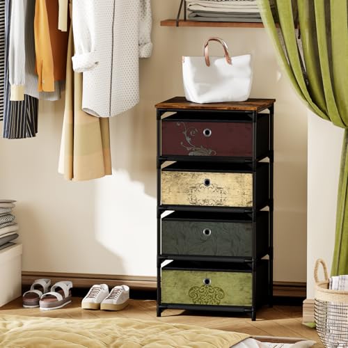 VASICAR Storage Unit with 4 Drawers, Fabric Nightstand, Wood Top | Clothes Organizer, Craft Storage Chest, Small Pattern Dresser for Bedroom, Closet, Nursery, Dorm - size: 11.8"D x 15.8"W x 30.7"H (4 Drawers)