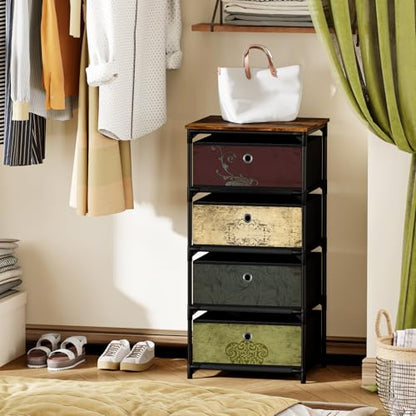 VASICAR Storage Unit with 4 Drawers, Fabric Nightstand, Wood Top | Clothes Organizer, Craft Storage Chest, Small Pattern Dresser for Bedroom, Closet, Nursery, Dorm - size: 11.8"D x 15.8"W x 30.7"H (4 Drawers)