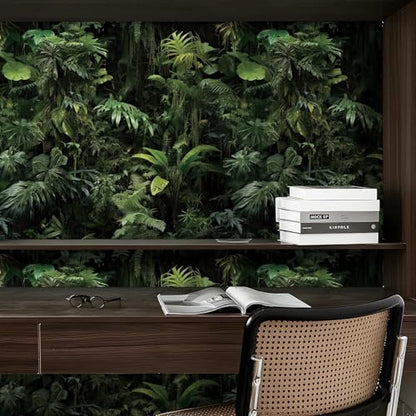 FunStick 17.5"x354" Green Tropical Peel and Stick Wallpaper Dark Jungle Forest Leaves Wall Paper Renter Friendly Wallpaper Kitchen Cabinet Contact Paper Black Self Adhesive Vinyl Wallpapers for Walls - size: 17.5" x 354"