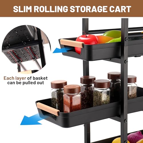 Slim Storage Cart, 5-Tier Narrow Rolling Kitchen Laundry Room Cart with Drawer and Wheels, Metal Utility Cart Slide Out Organizer for Small Spaces (Black) - style: 5 Tiers-Black