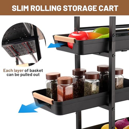 Slim Storage Cart, 5-Tier Narrow Rolling Kitchen Laundry Room Cart with Drawer and Wheels, Metal Utility Cart Slide Out Organizer for Small Spaces (Black) - style: 5 Tiers-Black