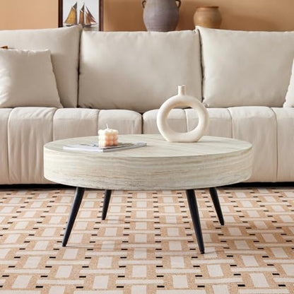Round Coffee Table, Mid Century Small Coffee Table with Metal Legs, Wood Coffee Table Accent Center Table for Living Room Apartment Small Space (31.5''D-Stone Travertine Pattern) - color: Stone Travertine