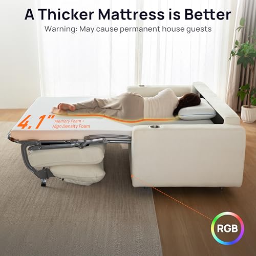 Pull Out Sofa Bed, No Cushion Removal, Queen Sleeper Sofa with USB Fast Charging, Memory Form Mattress, 2-in-1 Convertible Comfy Loveseat Couch Bed for RV, Apartment, and Small Spaces (White)