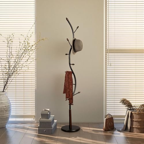 Roundhill Furniture Arles Metal Black and Walnut Standing Coat Rack - color: Black