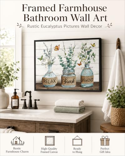 Framed Farmhouse Bathroom Wall Art Rustic Eucalyptus Pictures Wall Decor Country Relax Soak Unwind Bathroom Sign Painting Green Botanical Butterfly Canvas Prints For Washroom Home Painting 16x12 Inch - color: Eucalyptus, size: 12"L x 16"W
