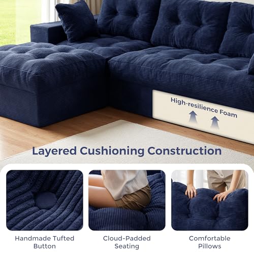 MAXYOYO Boneless Couch, 96-Inch L-Shaped Cloud Couch with Ottoman | Navy Layered Cushioning and Flexible Modules Create an Upholstered Sofa in a Box with No Assembly for Spacious Living Rooms. - color: Navy, size: 96" L Shape