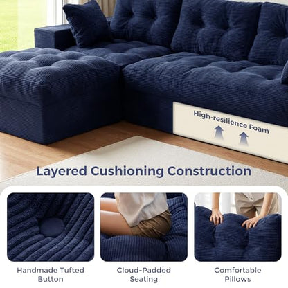 MAXYOYO Boneless Couch, 96-Inch L-Shaped Cloud Couch with Ottoman | Navy Layered Cushioning and Flexible Modules Create an Upholstered Sofa in a Box with No Assembly for Spacious Living Rooms. - color: Navy, size: 96" L Shape