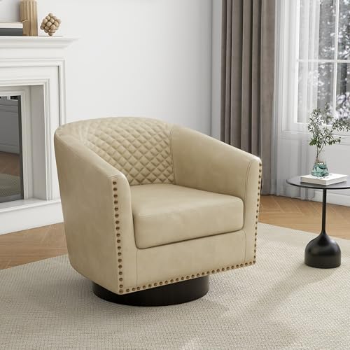 Faux Leather Swivel Accent Chair, Modern Barrel Club Armchair, Beige | Comfy Living Room Chair, Modern Nailhead Trim Round Armchair Bedroom Reading Seat with Removable Cushion, Wood Frame - color: Retro Beige