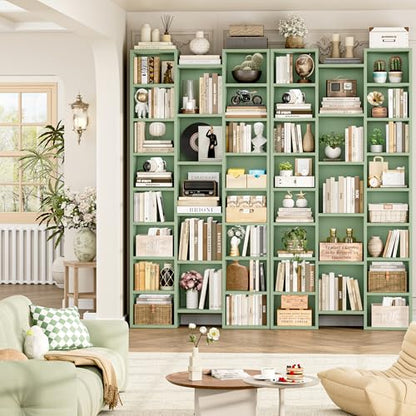FOTOSOK 71'' H Bookshelf with 21 Cubes, Triple Wide Tall Bookshelf Green | 8 Tier Bookcase with 8 Adjustable Shelves, Large Bookshelf DVD/CD Media Tower Storage, Freestanding Display Shelf Cabinet - color: Green