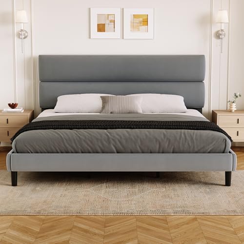 GRUSIGN King Size Platform Bed Frame with Velvet Headboard, Adjustable Height Wooden Slats Support, Upholstered Mattress Foundation, Fits Mattress or Mattress with Box Spring, Easy Assembly, Grey - color: Grey, size: King