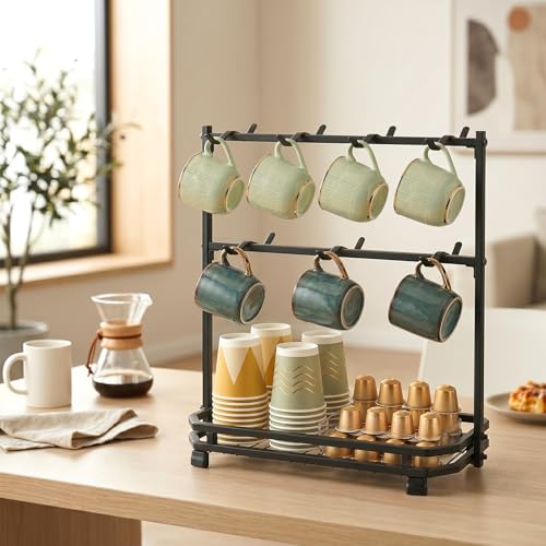 Coffee Mug Holder for Countertop, 14 Hooks Metal Coffee Cup Holder Rack | Mug Tree Stand with Storage Base for K Cup Coffee Pod Paper Cups Tea Bag, 2 Tier, Black - color: 2-Tier