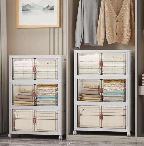 Stackable Storage Bins, 672QT Collapsible Drawers with 2 Lids | Large Capacity, Magnetic Door, Stack Lock, Rolling Wheels, Foldable Design, Organizers and Storage for Bedroom Dorm Garage - color: White-112qt, size: 6Pack with 2 top lids