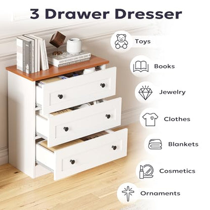 Furnify 3 Drawer Dresser Set of 2, Modern Chest of Drawers, White & Walnut | Farmhouse Wood Nightstand Bedside Cabinet End Table, Modern Closet Storage Organizer for Bedroom, Living Room - size: 11.8"D x 22.8"W x 25.2"H (6 Drawers)