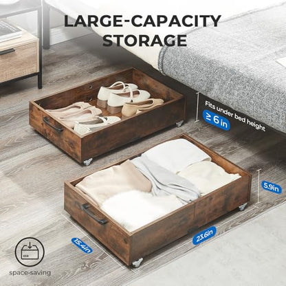 2-Pack Under Bed Storage Drawers Organizer with Wheels, Brown | 58L total capacity, 80 lb per Drawer, Fits 6 in Bed Clearance, Rolling Drawers for Shoes, Clothes, Linens, Toys - color: Brown