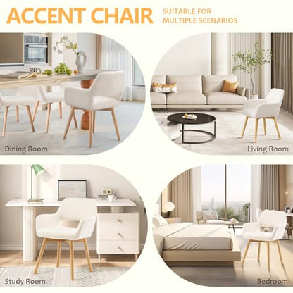 Mid Century Modern Dining Chairs Set of 2 & 4 & 6 Comfy Accent Chair Upholstered Kitchen Dining Living Room Chairs for Bedrooms Waiting Room Home Arm Desk Chair No Wheels (Wool White, 2) - color: Wool White