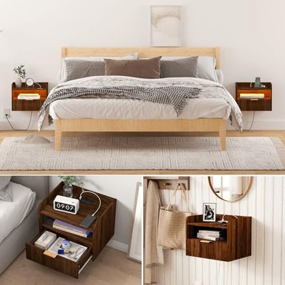Veegle Floating Nightstand with Charging Station and LED Lights (Walnut Brown) - color: Walnut Brown