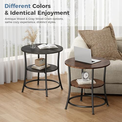 OLIXIS 21.85-Inch Round End Table, 2-Tier Side Table for Living Room, Accent Stand with Storage Shelf, Sturdy Metal Frame Nightstand for Small Space, Round Bedside, Grey Wood Grain - color: Grey Wood Grain