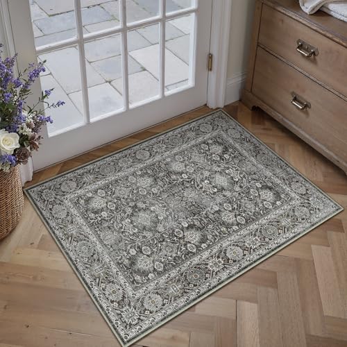 Black Small Entryway Rug 2x3 Vintage Traditional Distressed | Washable, Non Slip, Soft Low Pile, Door Mat for Indoor Entrance, Kitchen, Bathroom, Farmhouse Decor - color: Accent Black, size: 2' x 3' (Rectangular)