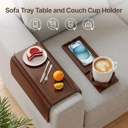 Bamboo Sofa Armrest Tray, Foldable Couch Arm Tray Side Table, 2 in 1 Anti-Falling Armrest Tables Cup Holder for Snacks, Drinks, Beers, Phone, Control, Flexible and Portable, Anti-Slip, (Brown) - color: Brown