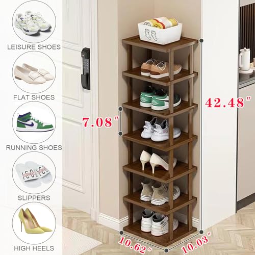 Vertical Shoe Rack - Tall Narrow Shoe Rack Organizer for Small Spaces,7 Tier Bamboo Shoen Shelf for Entryway,Closet,Corner,Doorway,Skinny Shoe Shelf Space Saving Shoe Storage,Free Stackable DIY… - color: Brown, size: 7-tier