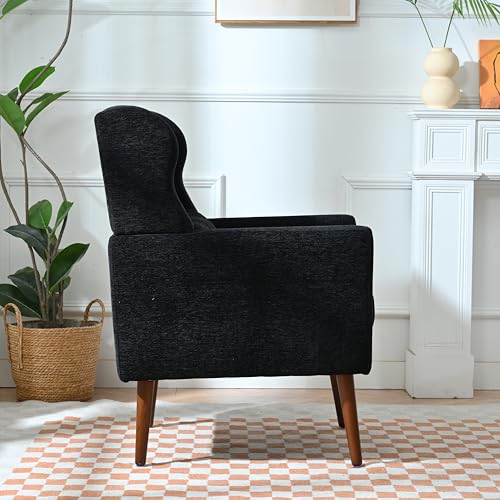 Accent Chair, Living Room Chairs with Solid Wood Legs & Pillow | Chairs Living Room with High Tufted Backrest, Reading Chair for Bedroom/Office, Chenille Fabric - color: Black