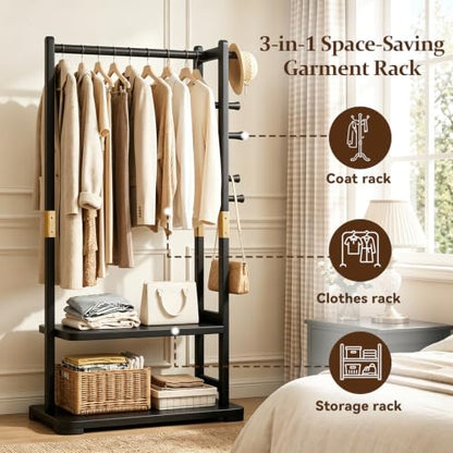 Solid Wood Clothes Rack with 2 Shelves & 4 Hooks for Hanging Clothes Garment Wallets Hats, Black Clothing Rack Heavy Duty Coat Rack Freestanding with Storage Hall Tree for Hallway Bedroom Living Room | Hallway bedroom living room, durable wood constructio