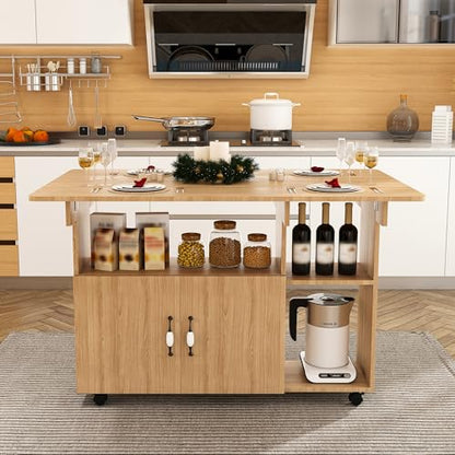 KEIKI 47 Inch Foldable Dining Table, Multi-Functional Folding Table with Storage Shelves and Wheels, Drop Leaf Extendable Dining Desk, Versatile Foldable Side Table for Kitchen, Dorm, Office, Walnut - color: Walnut