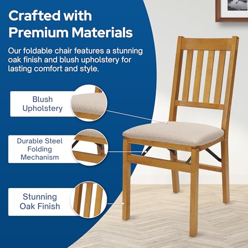 MECO Stakmore Arts and Craft Wooden Folding Chairs with Padded Seats, Set of 2 - No Assembly Foldable Dining Chairs, Steel Folding Mechanism, Upholstered Cushion, Space-Saving, Oak Frame - color: Oak