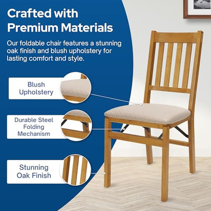 MECO Stakmore Arts and Craft Wooden Folding Chairs with Padded Seats, Set of 2 - No Assembly Foldable Dining Chairs, Steel Folding Mechanism, Upholstered Cushion, Space-Saving, Oak Frame - color: Oak