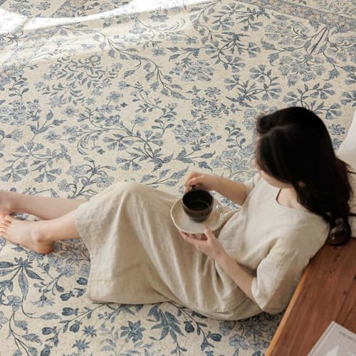 jinchan 8x10 Washable Living Room Area Rug, Vintage Floral, Blue/Cream | Soft Non-Slip Low-Pile, Botanical Aesthetic Throw Carpet for Bedroom Dining Room Nursery - color: Blue/Cream, size: 8' x 10' (Rectangular)