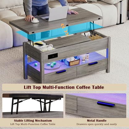 40" Lift Top Smart Coffee Table for Living Room | Power Outlets, LED Lights, Lifting Top, Storage Drawers & Compartments, for 4-6 People, Grey - color: Grey