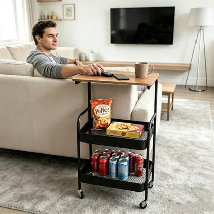 3 Tier Metal Storage Utility Cart with Wooden Top, Rolling Home Organizer | Stable and Sturdy, 2 Lockable Wheels, Multi-Purpose for Snacks, Coffee, Craft, Makeup, Garage, Bedside, Kitchen, Office