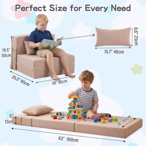 Kids Folding Sofa Bed, Floor Mattress, Foldable Futon Mattress | Toddler Fold Out Couch, Foldable Floor Nap Mat, Washable Kids Mattress with Storage Bag for Travel Camping Outdoor Use，Camel - color: Waffle Camel