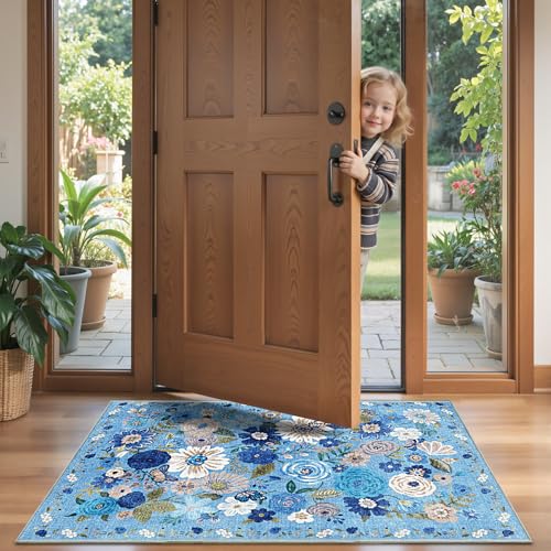 Blue Garden Floral Hallway Runner Rug 2x4 for Bedroom Kitchen | Rubber Backing; Non Slip; Soft;Machine Washable; Ideal for Bathroom, Entryway, Laundry Room - color: Blue, size: 2' x 4' (Rectangular)