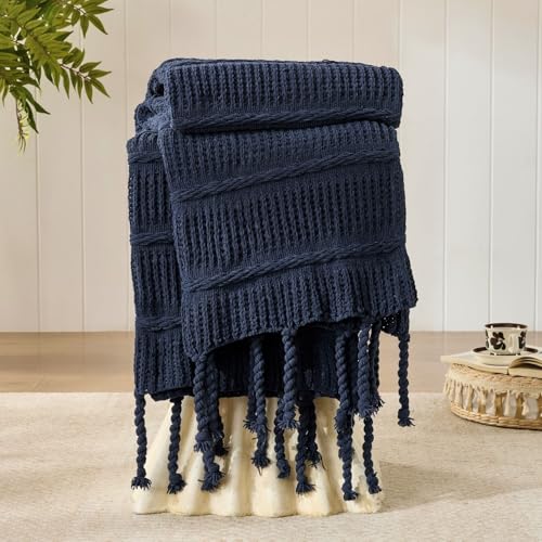 Boho Knitted Chenille Blanket with Tassels - Lightweight & Soft All-Season Throw - 3D Classic Pattern for Living Room Bedroom Couch, Royal Blue, King 90"x108" - color: Royal Blue, size: King