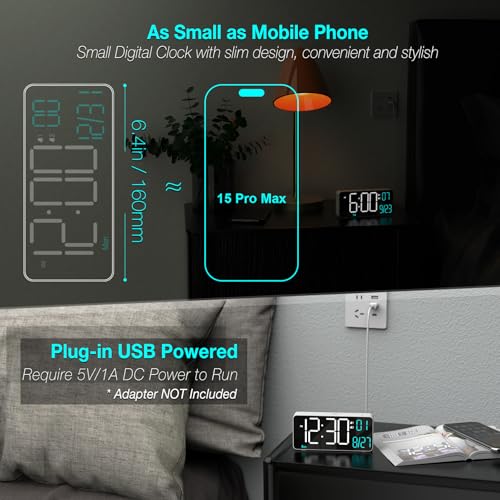 Digital Alarm Clock for Bedroom,6.7in Small Digital Clock,Auto Dimming,Date,Day of Week,Seconds or Indoor Temp,LED Alarm Clocks for Living Room,White Desk Clocks for Bedrooms - color: White (White + Blue Digits)