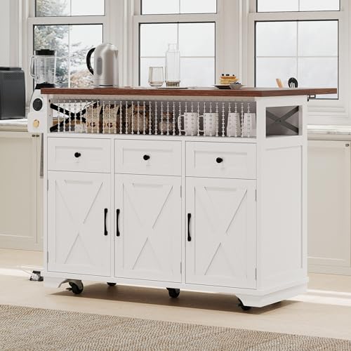 46.5'' Farmhouse Kitchen Island with Charging Station, Drop Leaf & Bead Drape - Mobile Rolling Cart, Ample Storage, Rustic Wood Grain Countertop for Compact Spaces (White+Brown) - color: White+brown)