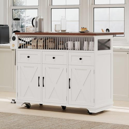 46.5'' Farmhouse Kitchen Island with Charging Station, Drop Leaf & Bead Drape - Mobile Rolling Cart, Ample Storage, Rustic Wood Grain Countertop for Compact Spaces (White+Brown) - color: White+brown)