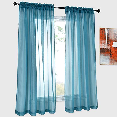 Sheer Teal Curtains 54 Inches Long for Kitchen Small Windows Rod Pocket Voile Sheer Window Panels Drapes for Kids Room 1 Pair Sets 52 Inch x 54 Inch - color: Teal, size: 52"W x 54"L (Pack of 2)