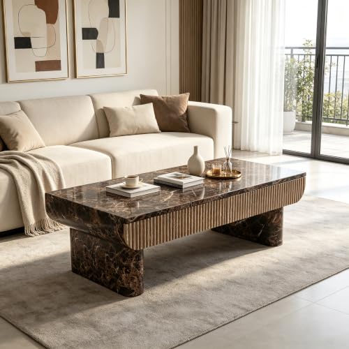 47" Coffee Table with Faux Marble Tabletop with Drawer | Modern Rectangular Center Table for Living Room, Contemporary Tea Table for Apartment,Natural Walnut - color: 47" Coffee Table With Faux Marble Tabletop,walnut
