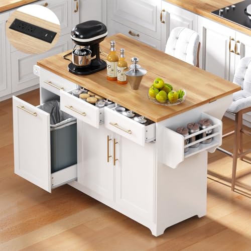 59.3" Rolling Kitchen Island with Trash Can Storage, Mobile Kitchen Storage Island with Drop Leaf, Power Outlet, Pull Out Cabinet Organizer (White) - color: White