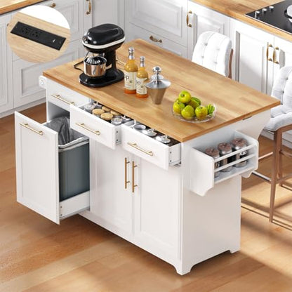 59.3" Rolling Kitchen Island with Trash Can Storage, Mobile Kitchen Storage Island with Drop Leaf, Power Outlet, Pull Out Cabinet Organizer (White) - color: White