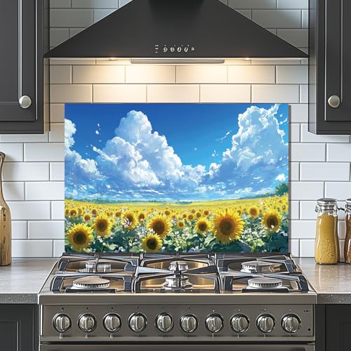 Evgosm Tempered Glass Backsplash for Kitchen， Stove Splashback, sunflower Glass Backsplash, Easy to Install and Clean, Used for Kitchen Wall Protection and Decoration. (30x24'') - size: 30"L x 24"W