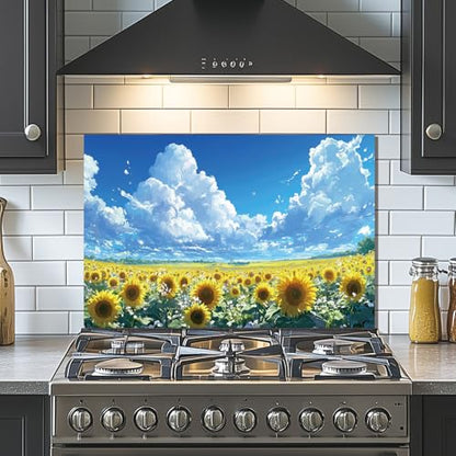 Evgosm Tempered Glass Backsplash for Kitchen， Stove Splashback, sunflower Glass Backsplash, Easy to Install and Clean, Used for Kitchen Wall Protection and Decoration. (30x24'') - size: 30"L x 24"W